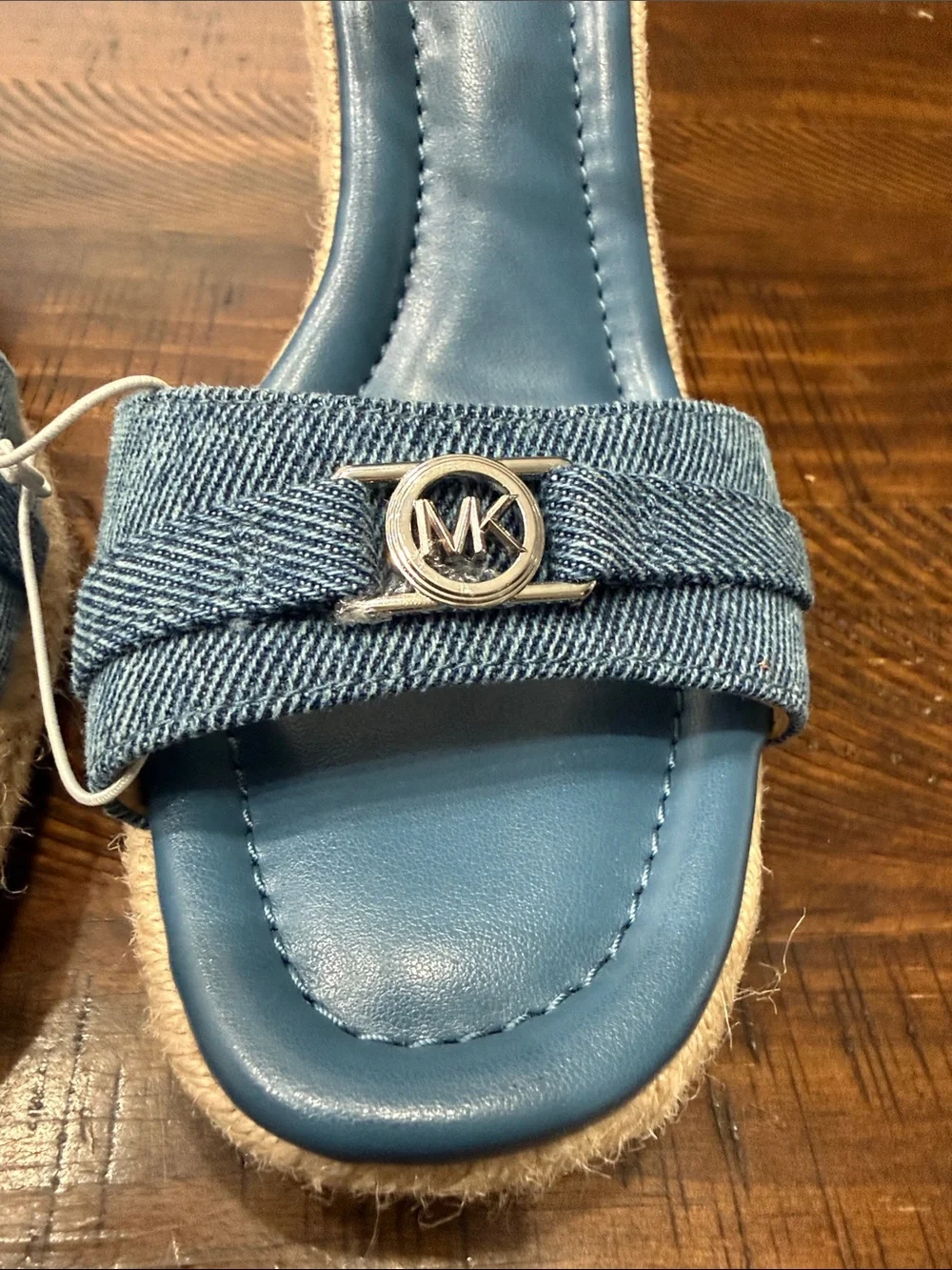 Michael Kors Mandy Denim Blue Espadrille Wedge Sandals with Ankle Wrap